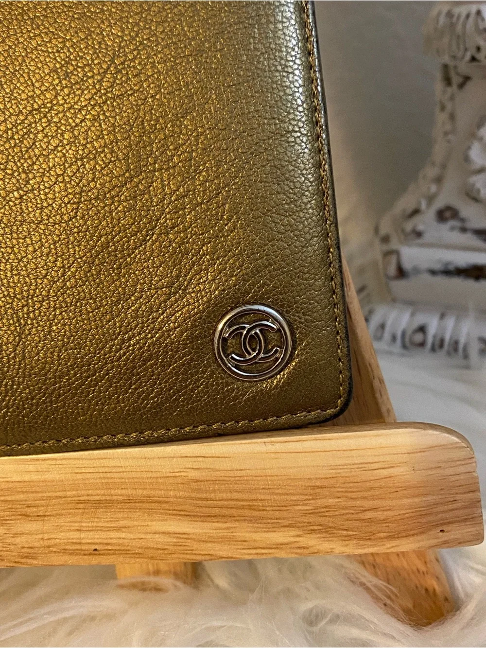 CHANEL Gold Calfskin Leather Long Wallet with CC Medallion & Black Card
